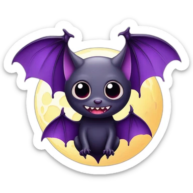 purple and black vampire bat large cute eyes with highlight glare wings flying in front of large dripping crescent moon sticker