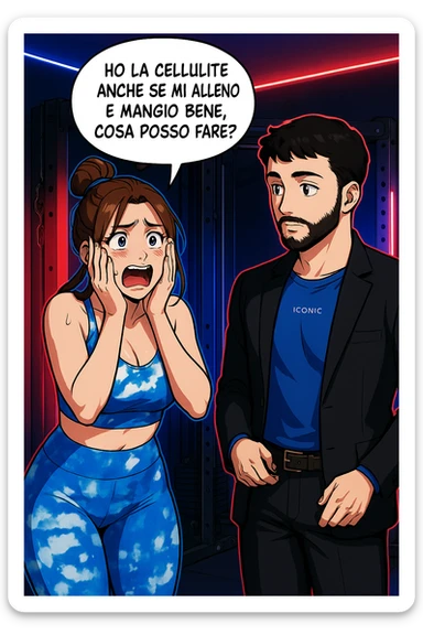 TRASFORMA QUESTO CAROSELLO IN UN FUMETTO STILE WEBTOON/MANGA A COLORI CON QUESTE DUE PERSONE IDENTICHE CHE INTERLOQUISCONO TRA LORO, LA DONNA è DISPERATA CON LE MANI SULLE GUANCE E STA DOMANDANDO TUTTA AGITATA UNA COSA ALL'UOMO:

LEI (DONNA): Ho la cellulite anche se mi alleno e mangio bene, cosa posso fare? sticker