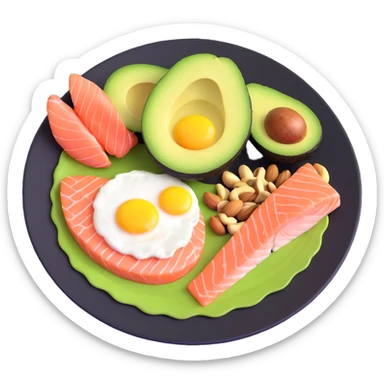 plate with typical keto foods: avocado, eggs, salmon, and nuts sticker