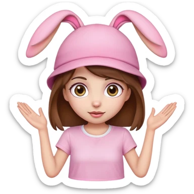 Cute emoji girl with big eyes, brown hair, bunny ear pink hat, white t-shirt and pink shorts. sticker