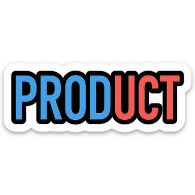the word PRODUCT in bold blue and red elements, modern icon style sticker