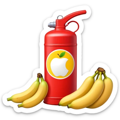 bright red gasoline canister surrounded by a banana, an apple, and grapes, red fuel can with fruits arranged around it sticker
