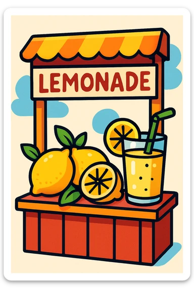 a stylized lemonade stand with a sign, lemons, and a glass, inviting and colorful, playful and vibrant sticker