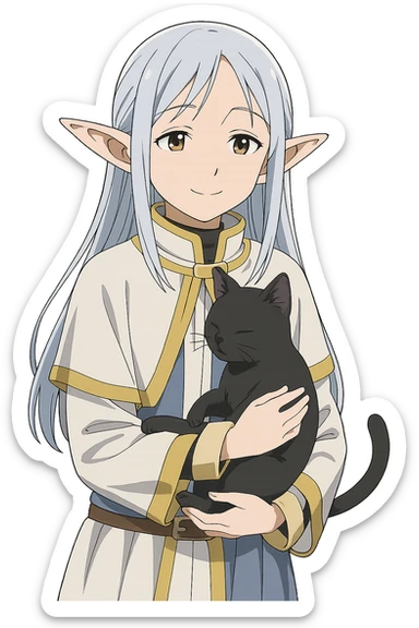 Frieren from Frieren: Beyond Journey's End, gentle expression, holding a black cat, anime style, clean background sticker