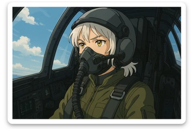 INSIDE of a modern fighter cockpit, the pilot is 1 female, white hair, gold yellow eyes, wearing a pilot face helmet and pilot jumpsuit. modern era, future warfare sticker