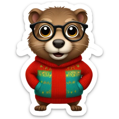 cute groundhog in a red sweater and glasses full body shown sticker