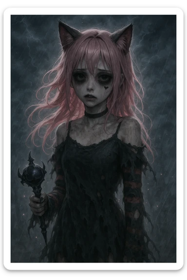 realistic anime catgirl with pink hair, emo streetwear, heart tattoo under left eye, dark magical accessory, sparkles, stormy background, ghostly horror look with tattered dress, flickering outline, and haunting expression sticker