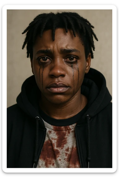 A brown dark-skinned person with short dreads, black mascara running from brown eyes, wearing a black hoodie and a shirt with blood stains. sticker