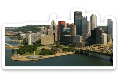 cinematic, realistic emoji of Pittsburgh, wide city view featuring only real, iconic landmarks including Point State Park Fountain, PPG Place, U.S. Steel Tower, and the city’s famous bridges, lifelike detail, accurate colors, bright daytime lighting, fully transparent background, no sky, no clouds, no imaginary or generic buildings sticker