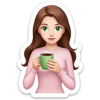 pretty woman with very long brown hair and green eyes and light pink outfit with a coffee sticker