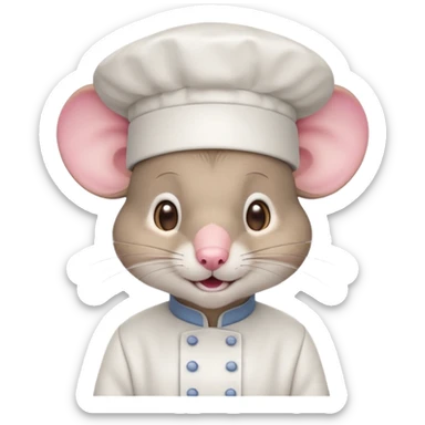 gray mouse with large round ears, brown eyes, and a small pink nose, wearing a white chef’s hat and has a friendly, slightly open-mouthed expression sticker