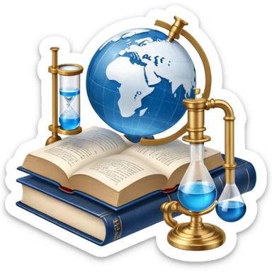 Icon for Scientific and Educational Reading: an open book with mathematical formulas, a microscope, a test tube, and a globe. The icon should represent the curiosity and knowledge found in scientific and academic books. Transparent background. sticker