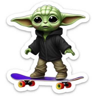 bebe yoda arc-en-ciel qui fait du skate en nageant dans une mer noir sticker
