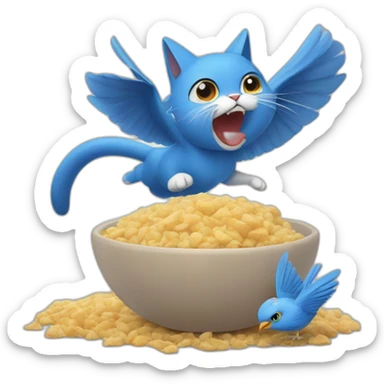 cat who is eating Tchoupi and is attacked by a blue bird sticker