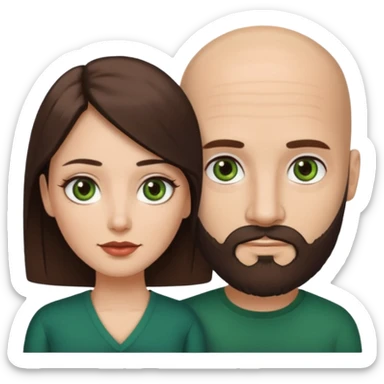 Man beard bald white dark green eyes, woman medium hair brown brown eyed latina, they have different eye color man dark green woman dark brown sticker
