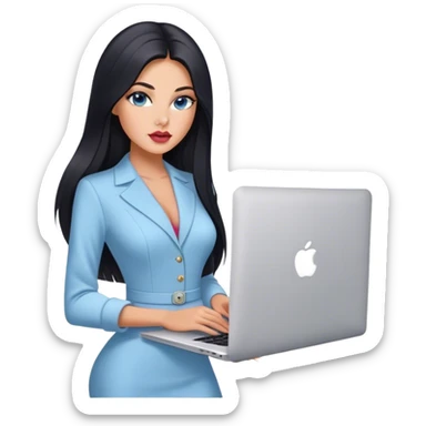 Glamours tanned very beautiful girl with pump slightly rose/nude lips and black straight smooth long hair, blue-grey eyes in beautiful clothing with MacBook. sticker