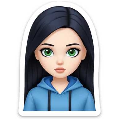 pretty bratz girl, long straight black hair, dark green eyes, black eyeliner, pale skin, blue style sticker