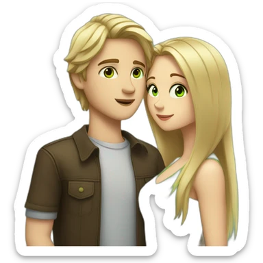 a blond boy with brown-green eyes kisses a brunette girl with long straight hair and bright green eyes on the cheek sticker