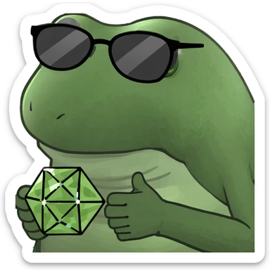 bufo with triangle shaped 8 bit sunglasses full black, confident smile, with a mini full dark powerful orb in his hand sticker