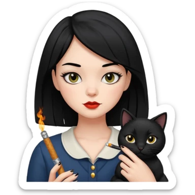 Girl with black hair and black eyes smoking with her cat sticker