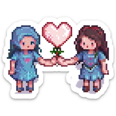 two pixelated characters holding hands under a heart, playful and cute, pixel art style sticker