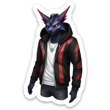 Cool Anthro Black Noivern-Absol-Litten-Pokémon with edgy stripes hoodie spiked collar punk Full Body sticker