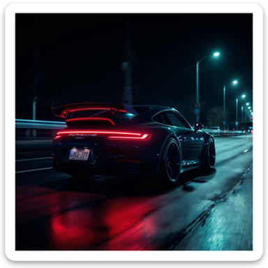 Cinematic still of a porsche 911, night photo, red lights and blue bright night  sticker