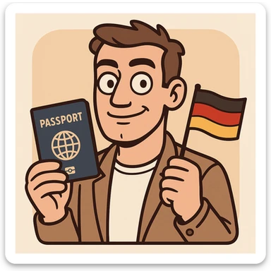 cartoon character with a passport and a small German flag, confident and trustworthy, modern app icon style sticker