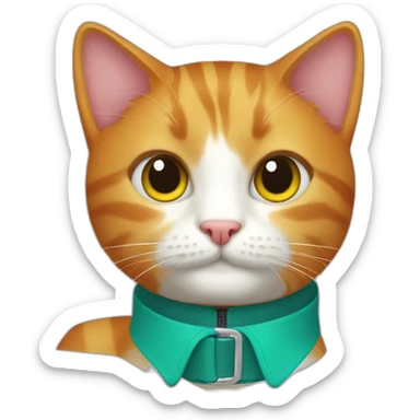 ginger cat with a teal colored strap collar sticker