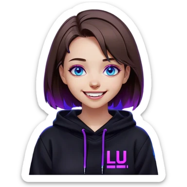 brown haired girl with a bob and blue eyes wearing black hoody with violet letters "Lu", laughs. Cyberpunk style. Violet neon. sticker