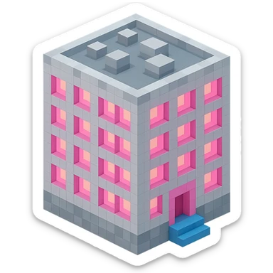 Russian panel apartment building, compact square block, light gray, pink glowing windows, isometric view sticker