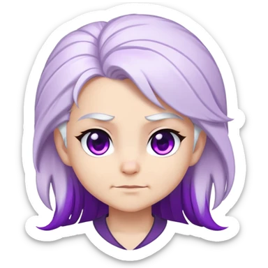 Chibi Sable Ward with smirk expression, confident side smile, raised eyebrow, white hair with purple streaks, fully purple eyes, smug look sticker