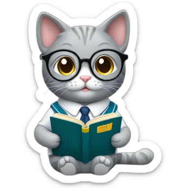 Cute grey cat in school uniform and glasses reading a book sticker