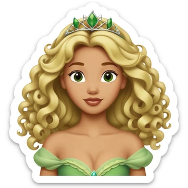 Disney Princess Tiana with extremely long blonde curly hair, green dress sticker