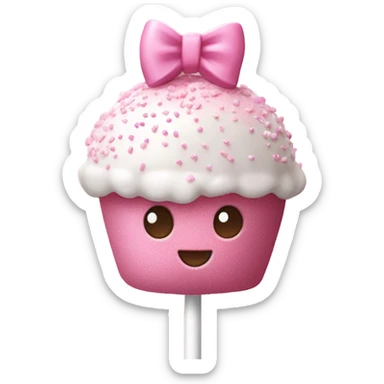 A pink cake pop with white sprinkles and a pink bow on the end sticker