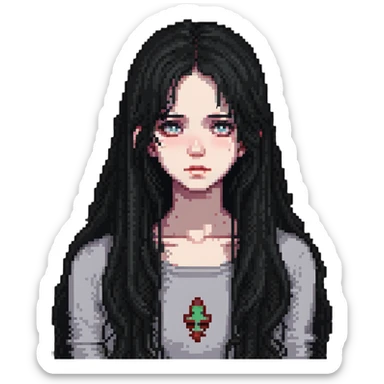 pale girl with long black hair, sad expression sticker
