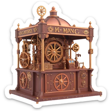 3D festival booth, steampunk theme, intricate mechanical details, brass and copper accents, Victorian-inspired design sticker