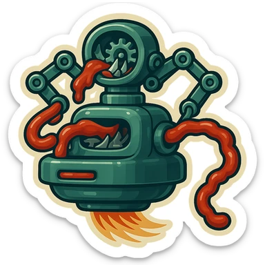 hovering robot. stuffs material into large hole on its top with 2 arms. no head. hole is where a head would be. spinning gears and blades in hole grind material.  3/4 view. between realism and cartoon. well lit. no dramatic lighting. metallic shiny robot. works diligently. drake humor sticker
