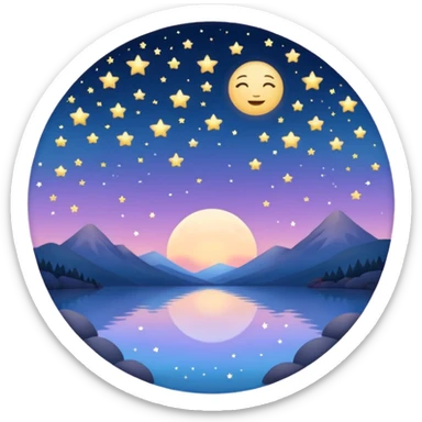 "Design a calming circle emoji for evening reflection. Soft moonlight, gentle stars, peaceful twilight sky, or spiritual symbols. No people - emphasize tranquil colors, night sky elements, and serene spiritual imagery." sticker