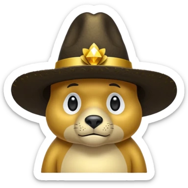 Oso dorado con sombrero elegante y moño negro triste animatronico sticker