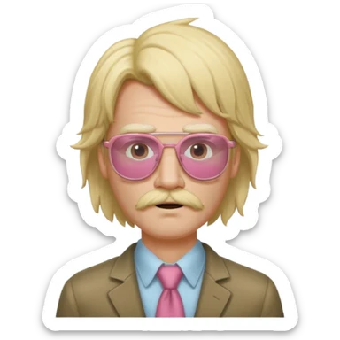 slender man character inspired by Boomganza, wearing rose-colored glasses with no lenses, frizzed out blonde wig like Joe Dirt, scruffy thin beard and mustache sticker