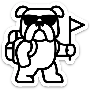 english bulldog as a tour guide icon style, with a backpack and sunglasses sticker