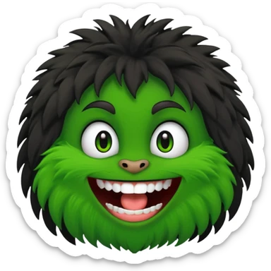 A bald person with green sclera and green teeth, grinning widely. Has fluffy black neck fur, with a fluffy black body sticker