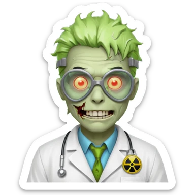 radioactive zombie scientist portrait, head and shoulders only, glowing toxic veins, cracked goggles, lab coat with radiation badge, sinister smile, 3D cartoon, mobile game icon style, clean background, no text, no watermark
 sticker