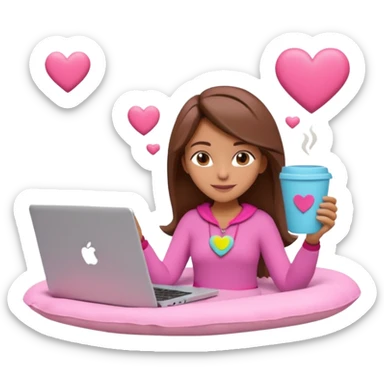 3D clay character relaxed with laptop and coffee, floating icons (envelope, heart, dollar), colofrful outfit, pink (#FF6B9D) floating icons, white laptop, Pixar style, transparent background sticker