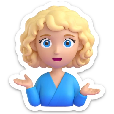 woman with short curly blonde hair and blue eyes, shrugging, 3D emoji style sticker