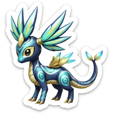 zig-zag-patterned tribal tropical hot splash-marked Meloetta-Dialga-Giratina-Noibat-Pokémon-Fakémon-fusion-hybrid-creature sticker