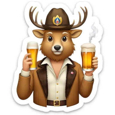 A buck with a beer trump hat and cigarette  sticker