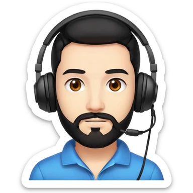 A person with black hair, brown eyes, a black beard, wearing a gaming headset sticker