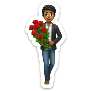 Young man with social cloths carrying a bouquet of red rose flowers sticker